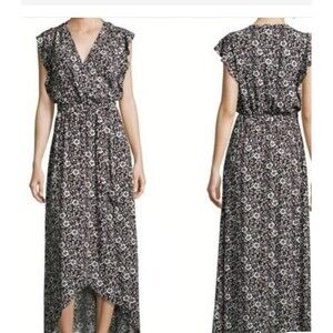 Splendid Black White Floral Faux Wrap Elastic Waistline Hi/Lo Hem Dress, XS